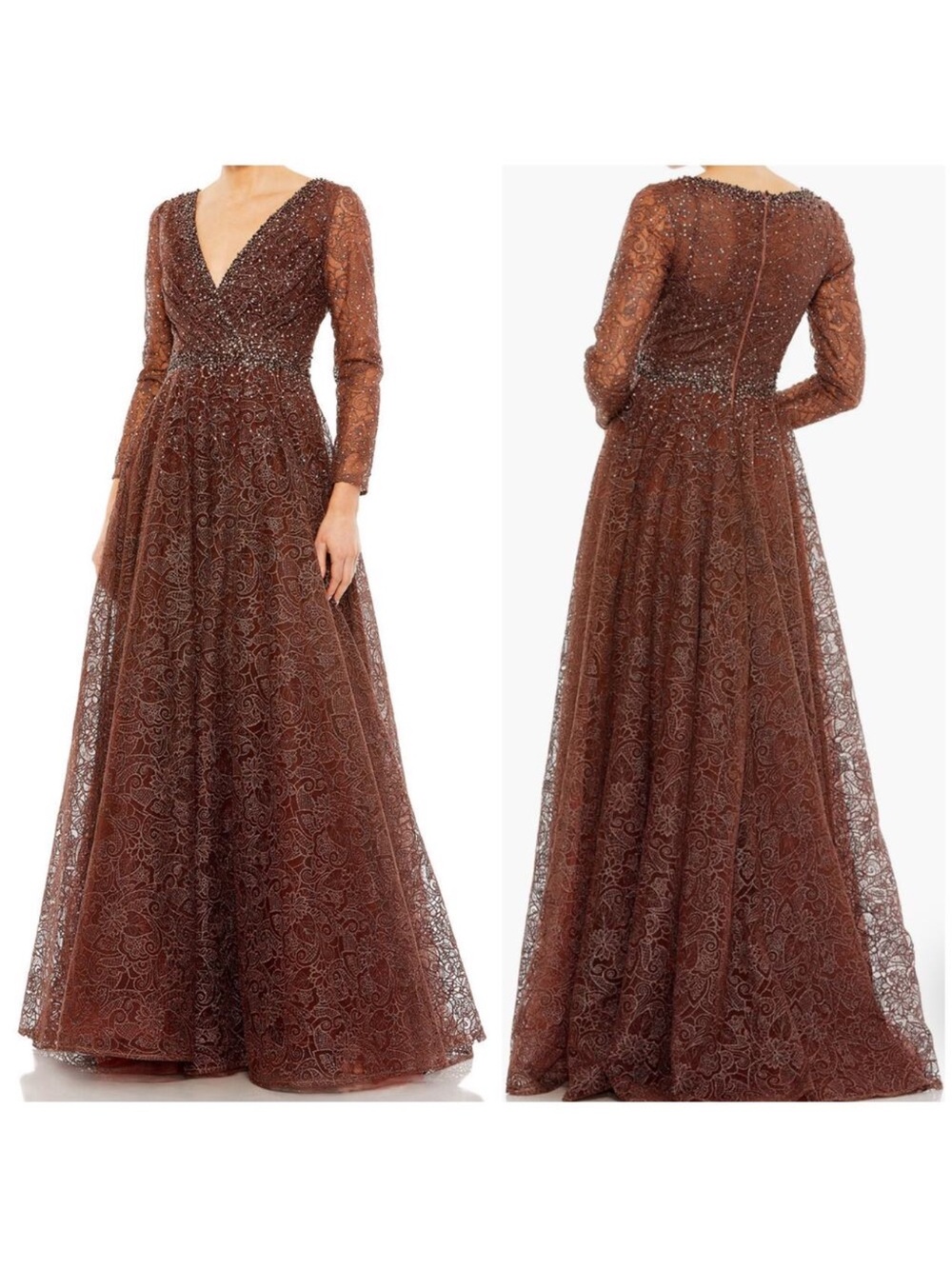Mac Duggal NWT Brown Embellished Illusion Long Sleeve V Neck Gown Size 16 Beaded